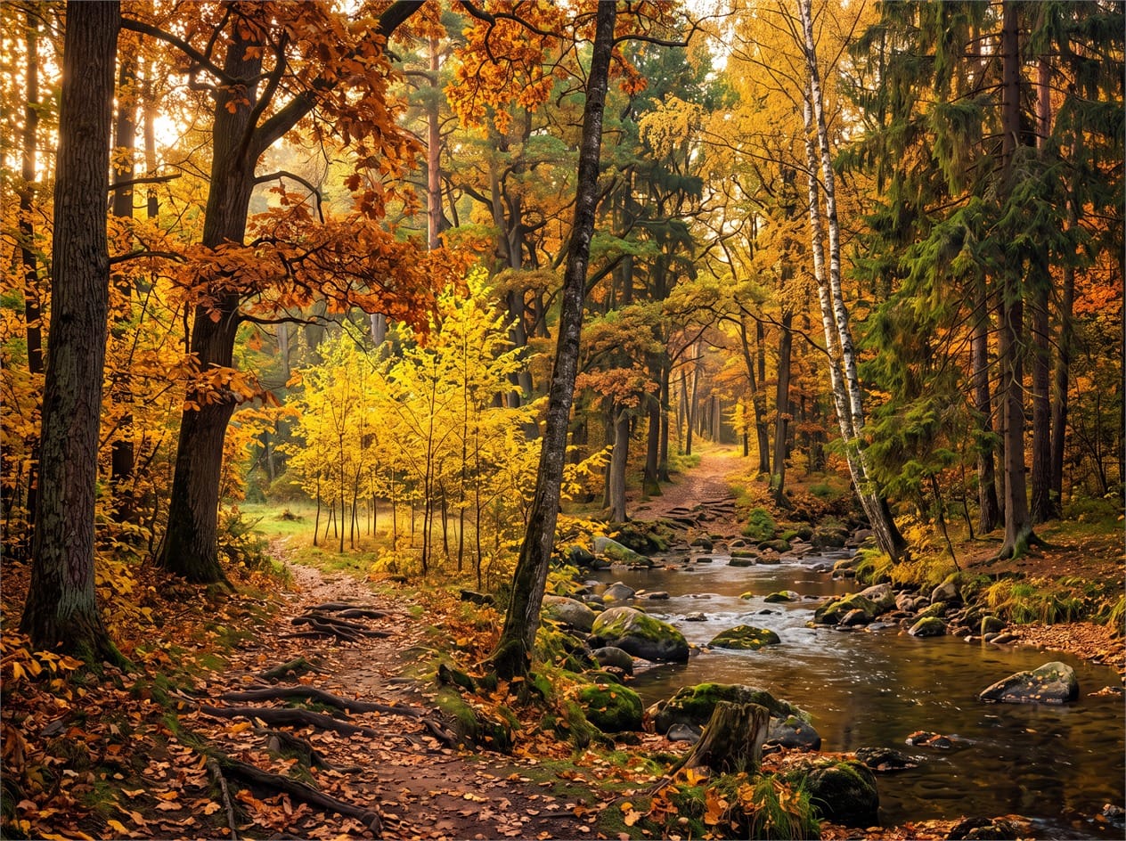 Golden Creek Path Autumn Forest Wallpaper Mural