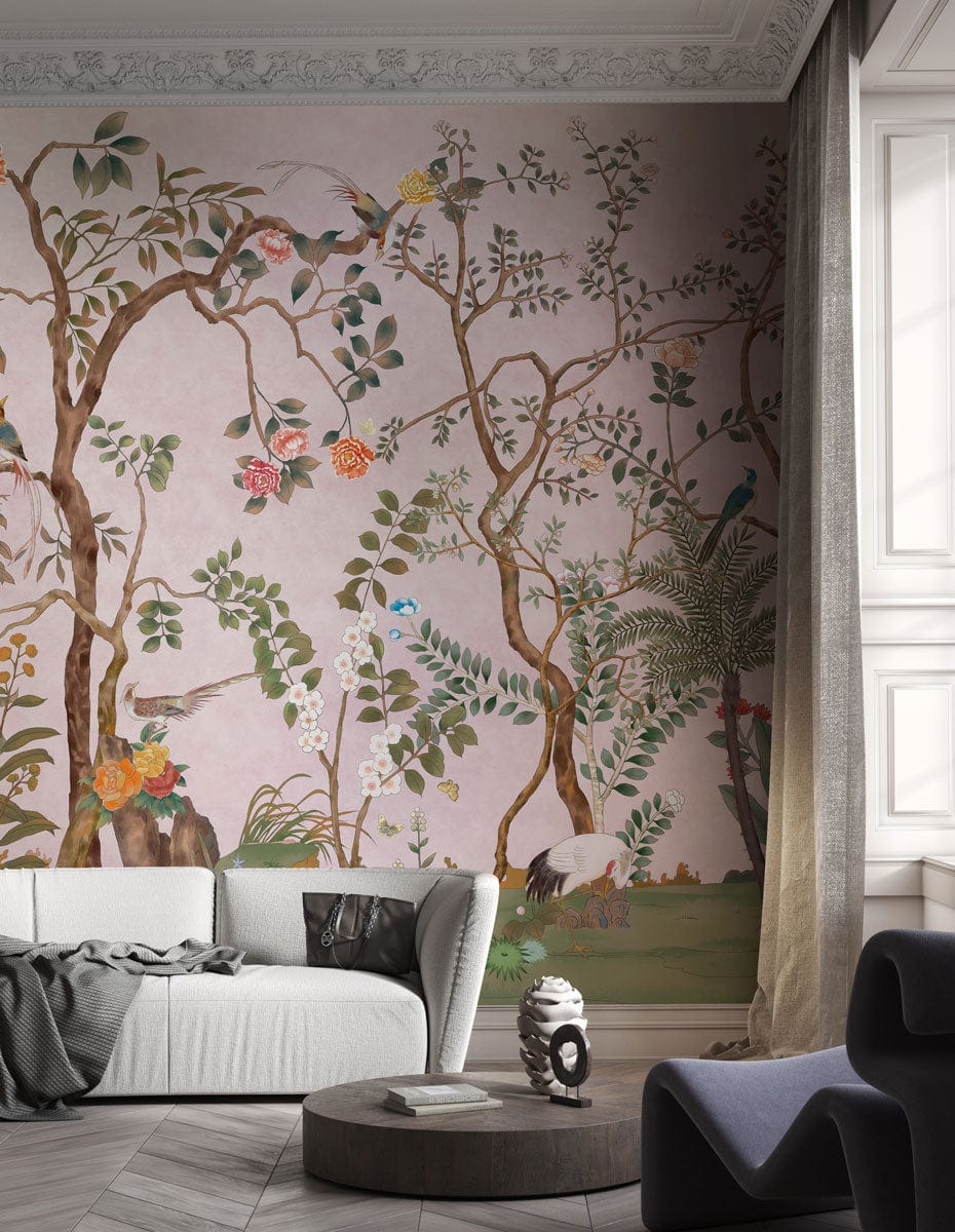 Elegant pastel botanical mural wallpaper in living room with grey sofa, oval table, herringbone flooring.