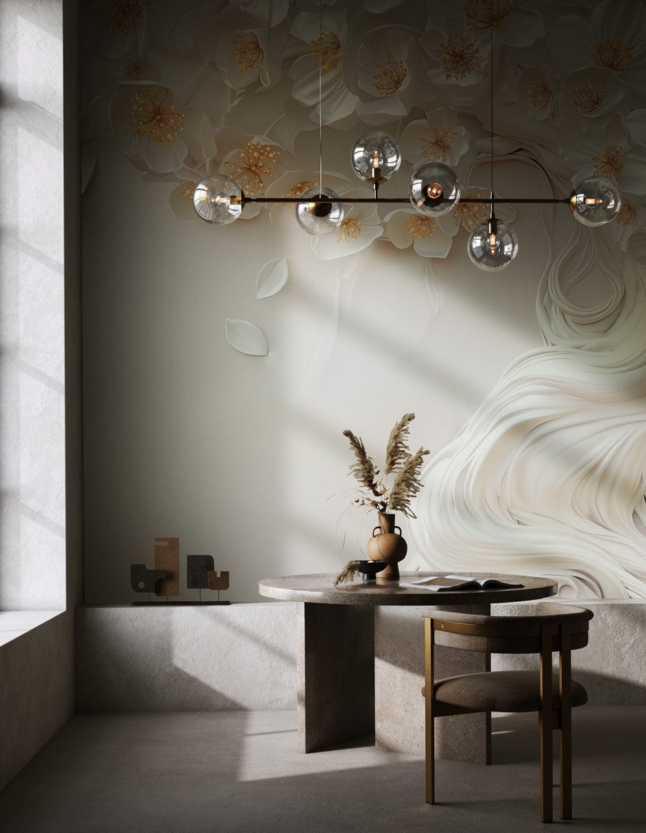 Elegant white floral 3D mural wallpaper with modern pendant light in luxurious dining room interior.