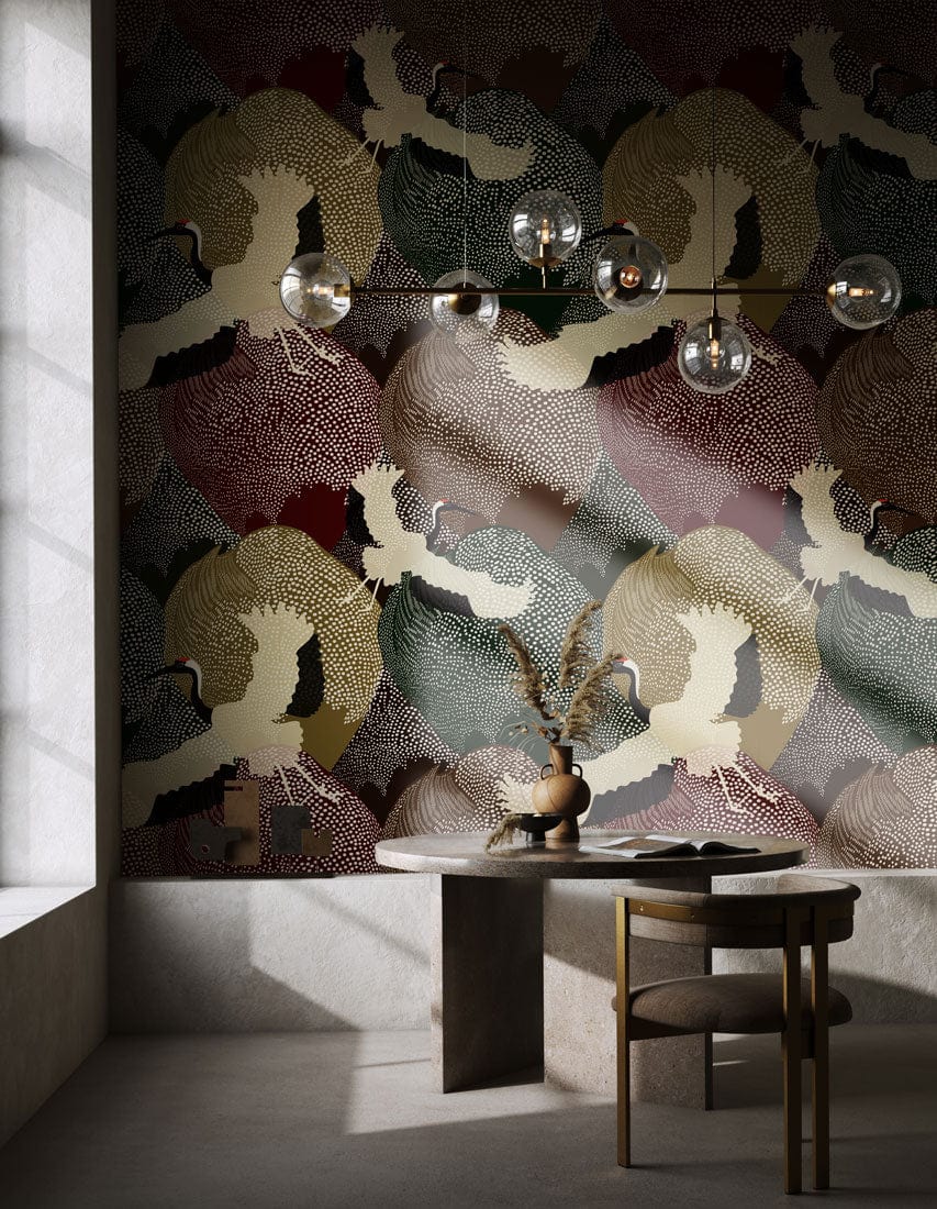 Elegant Crane Pattern Wallpaper with modern dining set, earthy tones, stylish lighting, and concrete flooring.