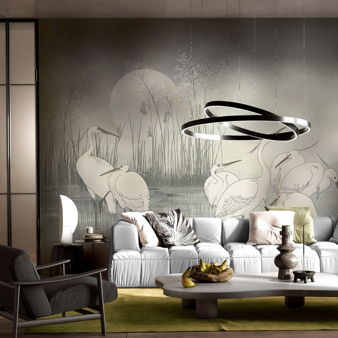 Tranquil Heron Misty Watercolour Mural in living room with modern grey sofa and artistic pendant light.