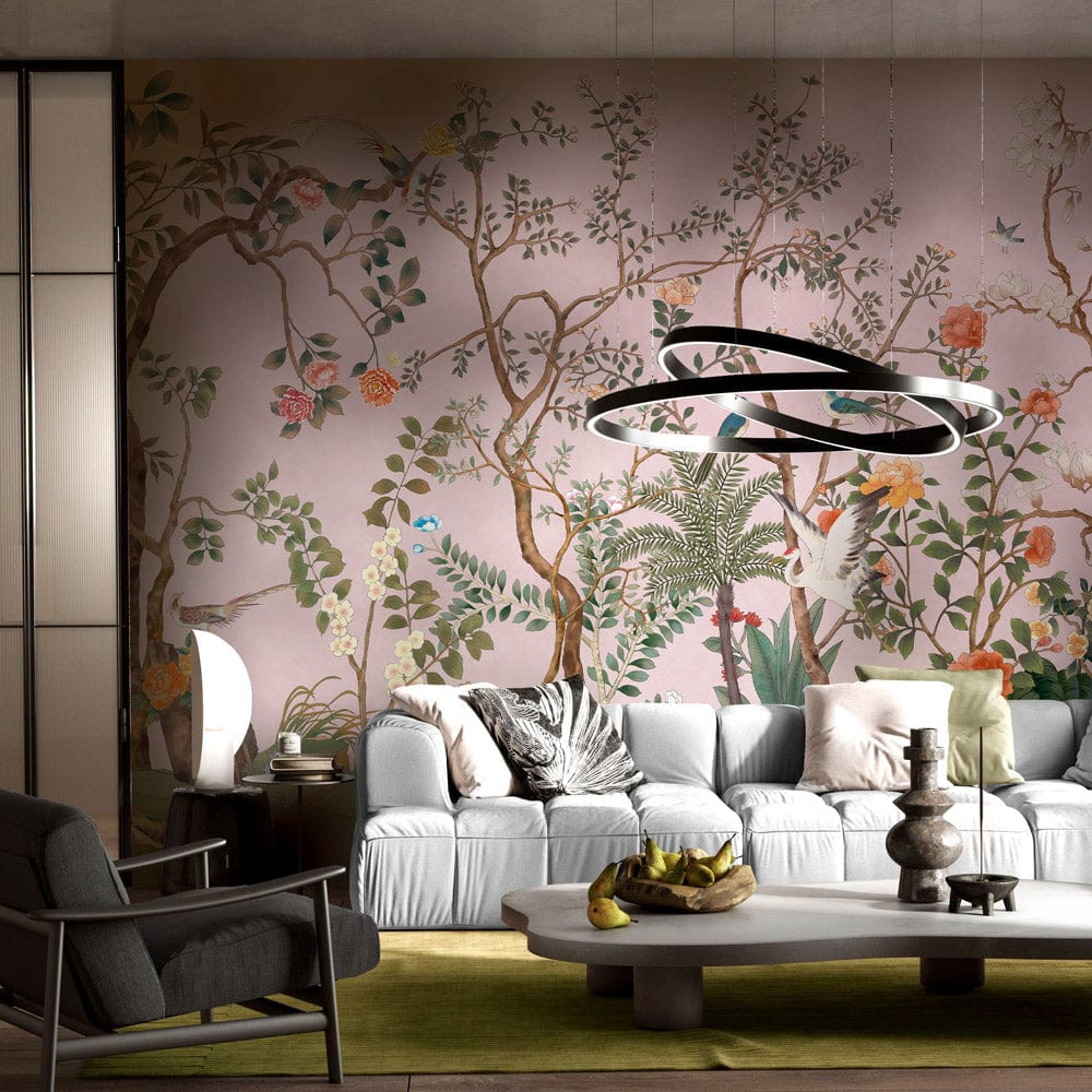 Elegant Pastel Botanical Mural Wallpaper with sofa, armchair, modern chandelier, and artistic living room decor.