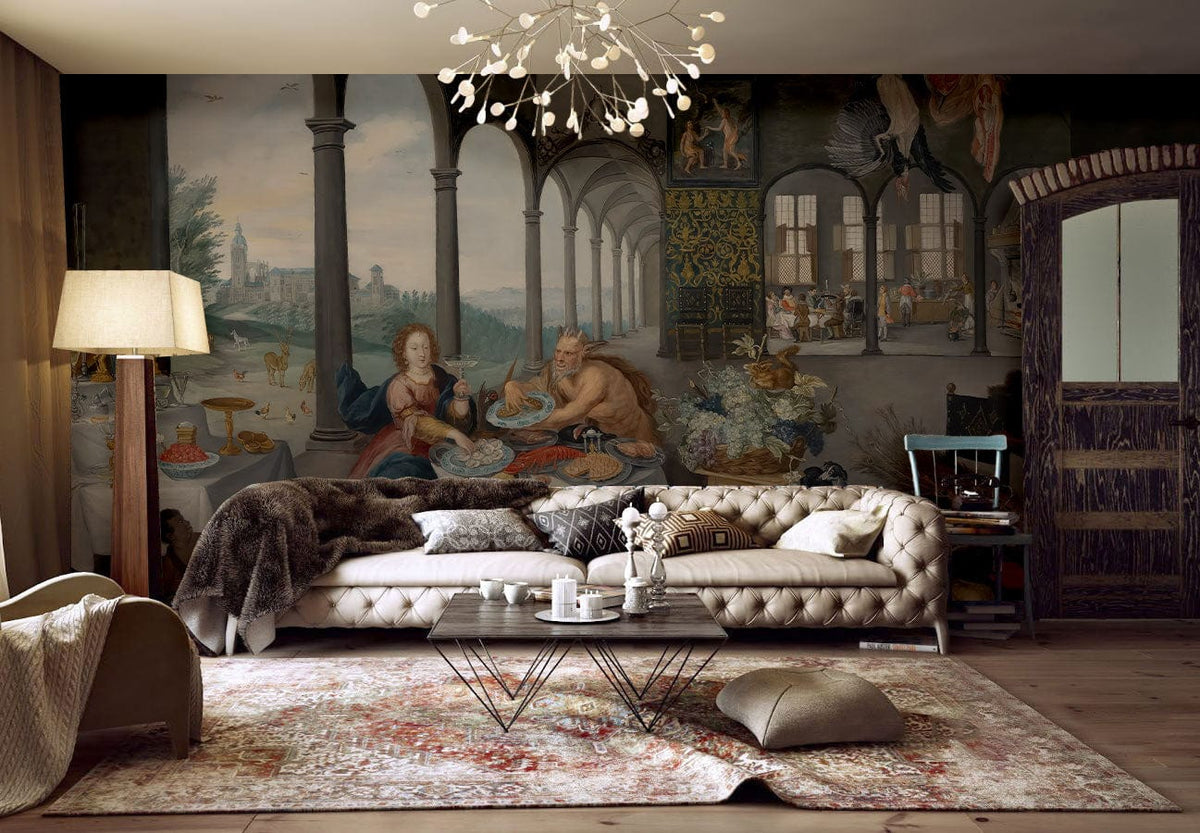 Opulent Baroque Banquet Mural in elegant room with tufted sofa, wooden flooring, and stylish lighting.