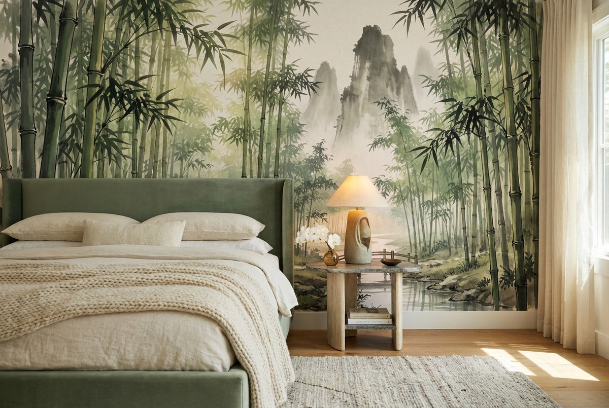 bamboo forest wallpaper mural green bedroom custom stick on removable non woven vinyl