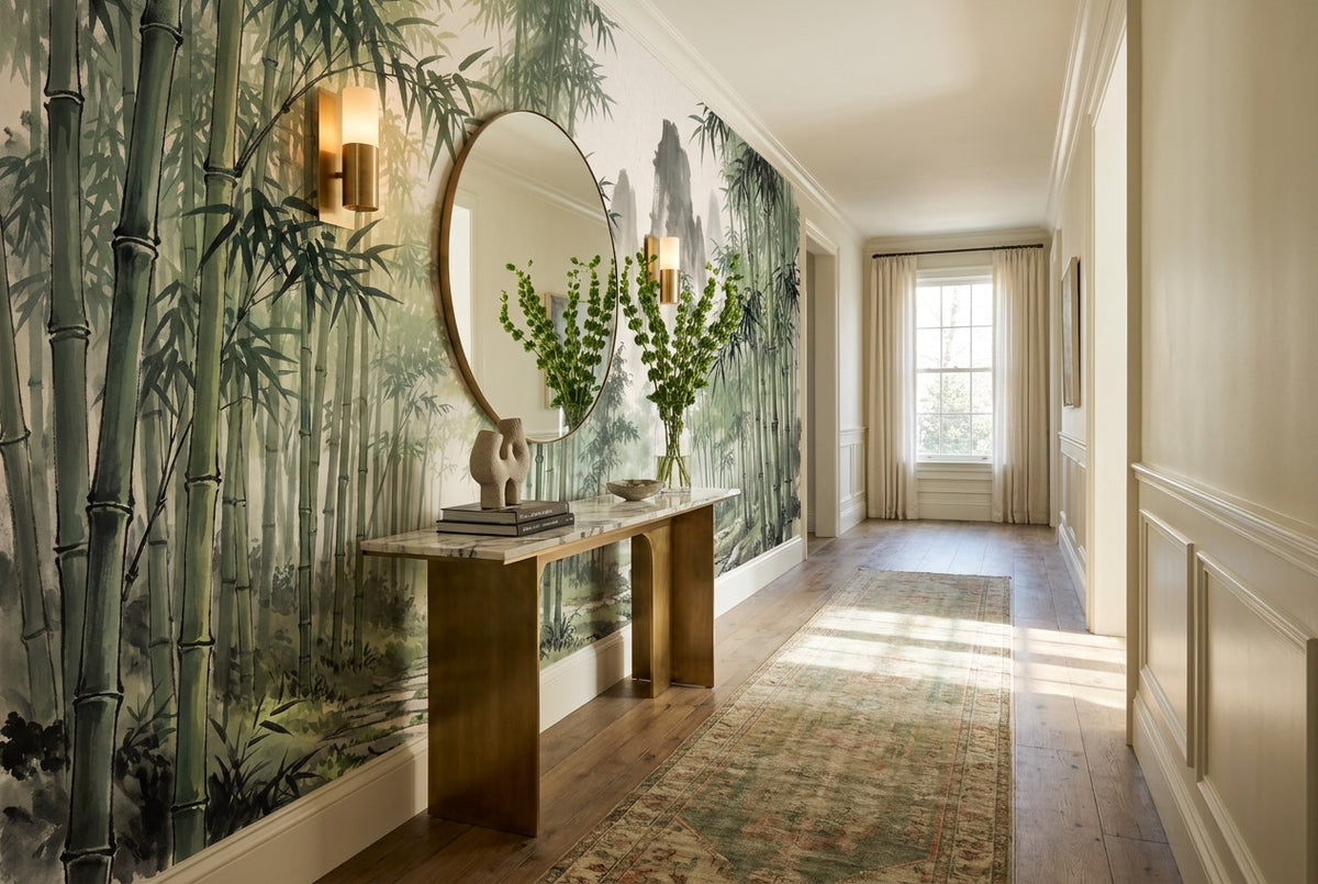 bamboo forest wallpaper mural green hall custom stick on removable non woven vinyl