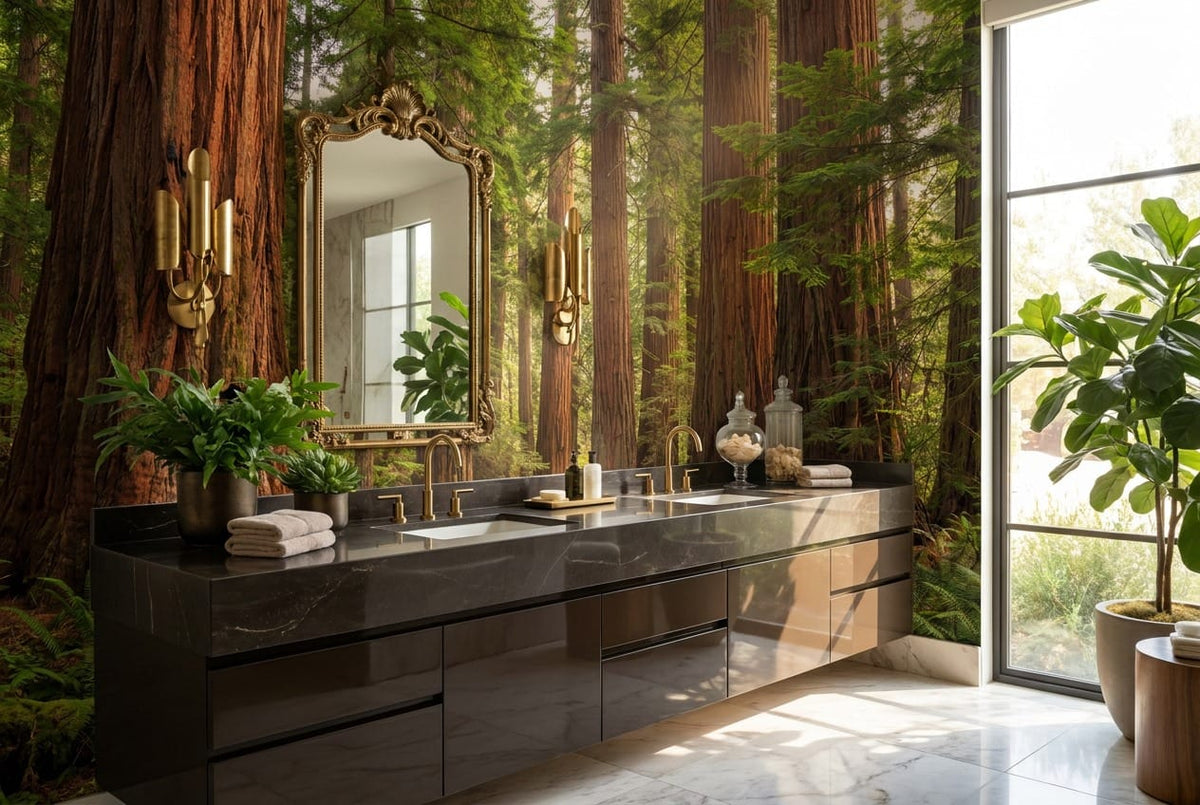 Golden Path Ancient Redwood Forest Wallpaper Mural in bath
