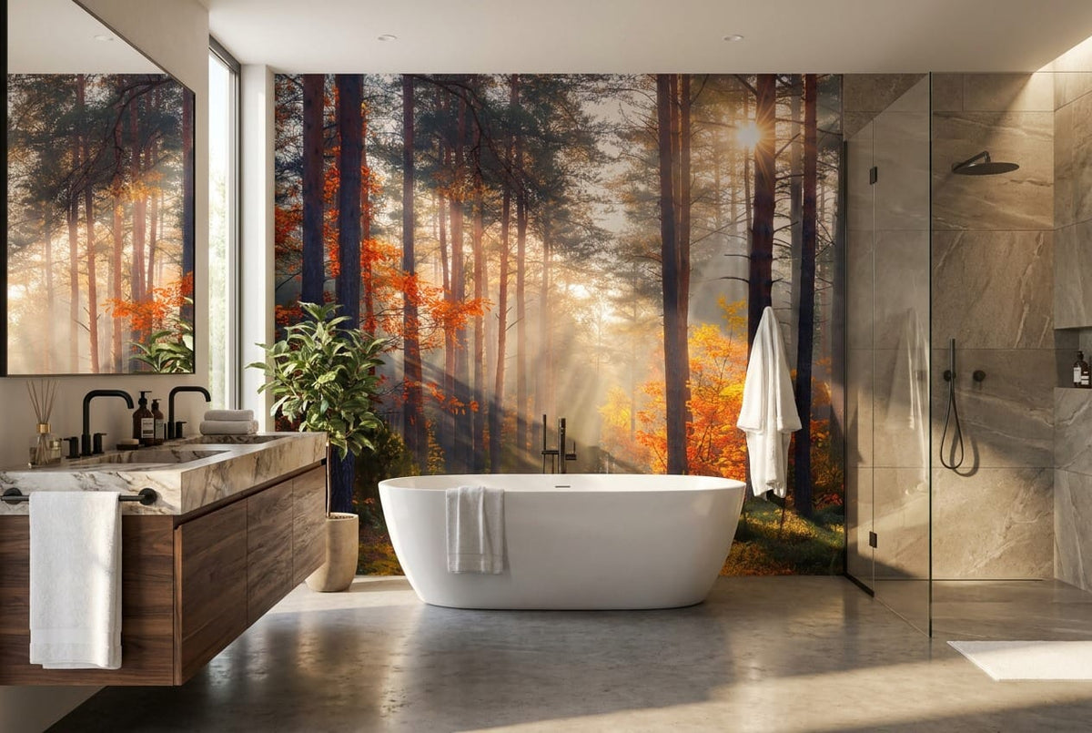 Sunbeam Pine Autumn Forest Path Wallpaper Mural in bath