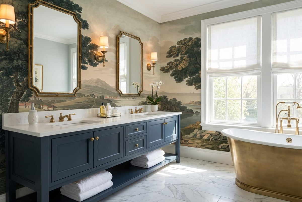 Vintage Watermill Bay Lake Scenic Wallpaper Mural in bath