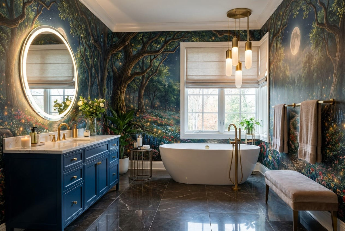 Sea Blue Firefly Nordic Night Forest Wallpaper Mural in bath
