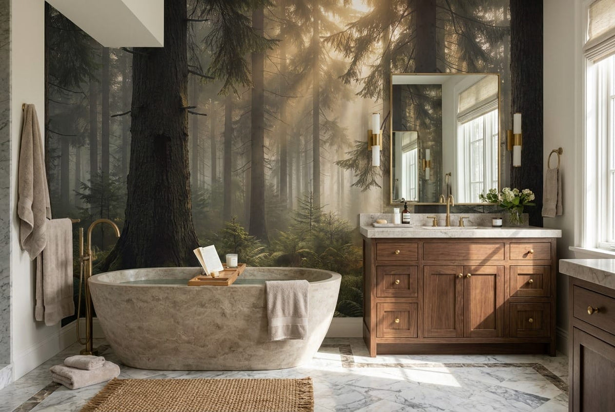 Midnight Tan Glowing Nordic Night Forest Wallpaper Mural in bath