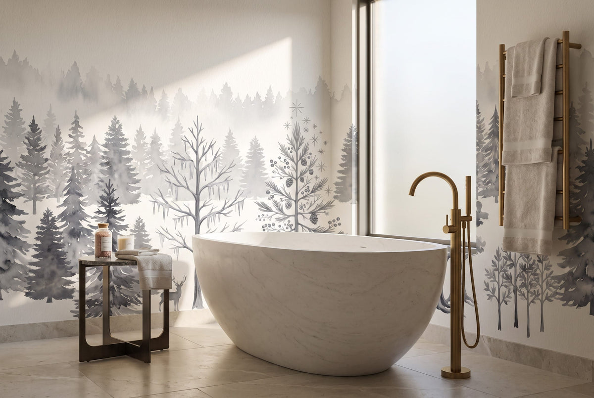 Mysterious Ice Gray Nordic Winter Forest Wallpaper Mural in bathroom