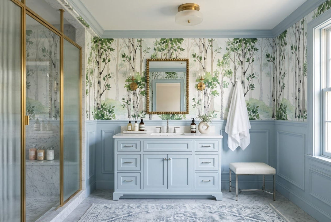 Soft Green Scandinavian Birch Forest Wallpaper Mural in bathroom