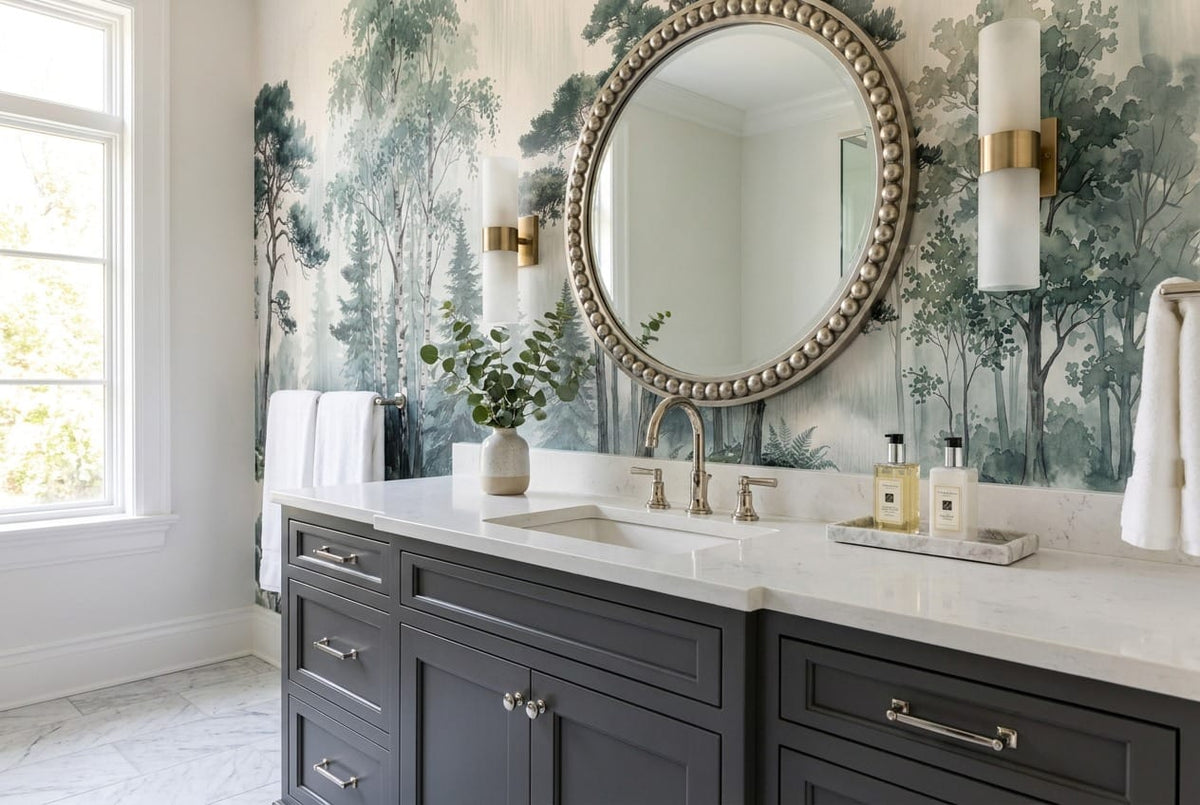 Sage Green Watercolor Nordic Misty Forest Wallpaper Mural scene image