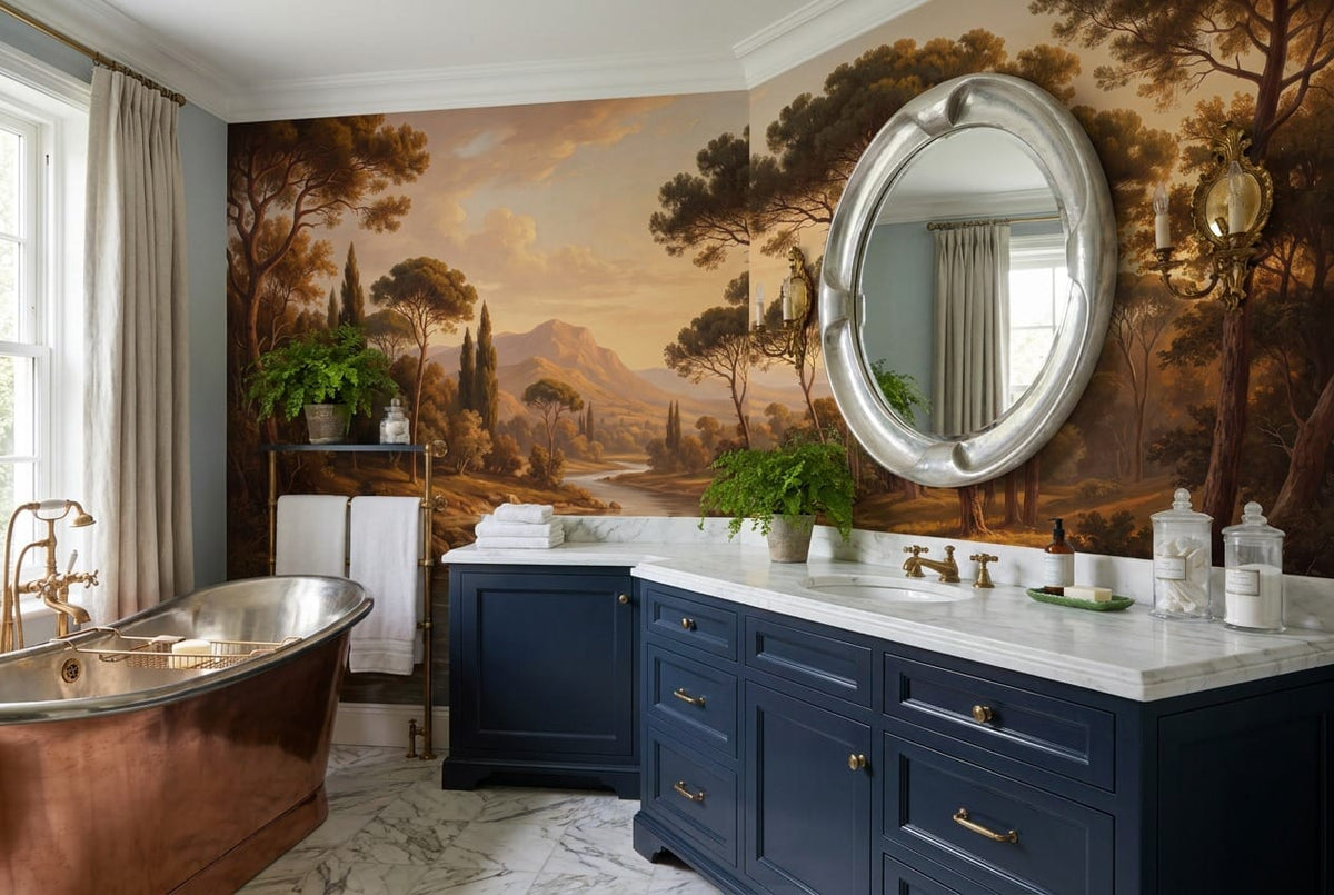 Golden Brown Oil Painting Mediterranean Pine Tree Wallpaper Mural in bathroom