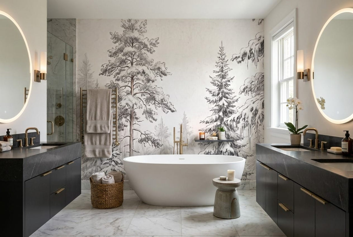 Snowy Gray Pencil Sketch Nordic Pine Tree Wallpaper Mural in bathroom