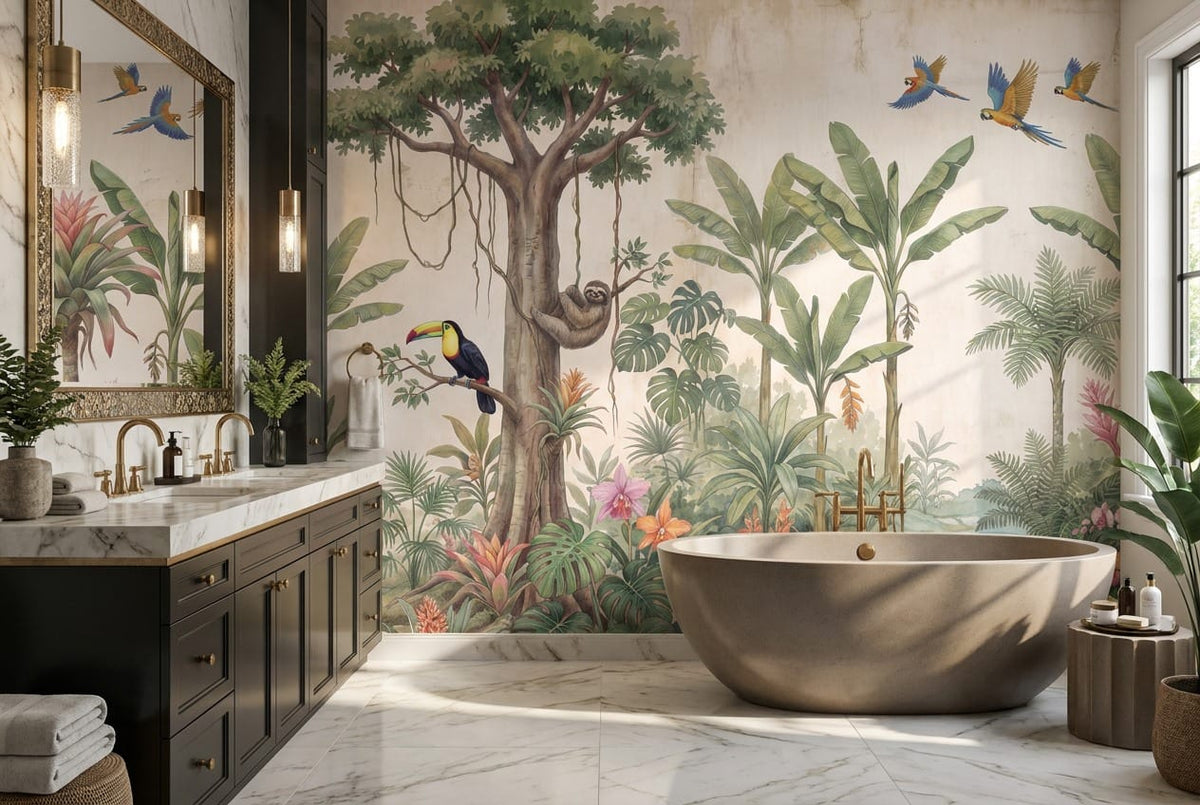 Soft Beige Botanical Tropical Rainforest Wallpaper Mural scene image