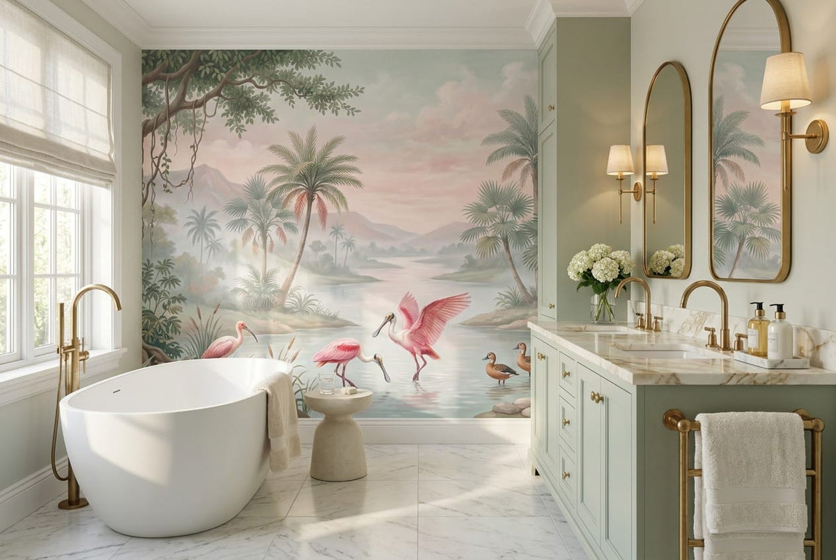 Emerald Pink Botanical Tropical Rainforest Wallpaper Mural scene image