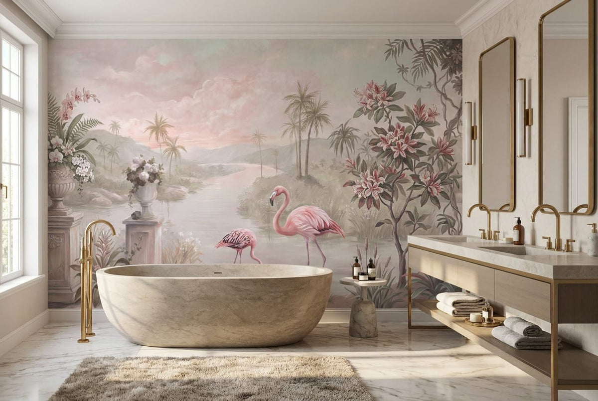 Blush Pink Botanical Tropical Rainforest Wallpaper Mural scene image