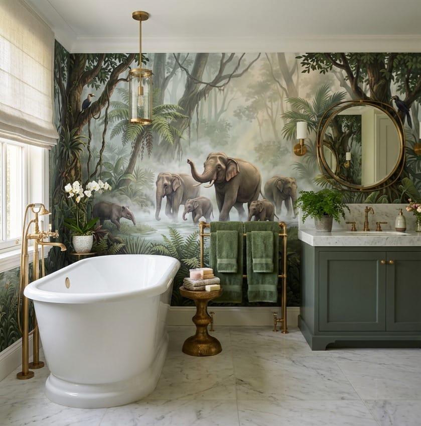Teal Botanical Tropical Rainforest Wallpaper Mural scene image