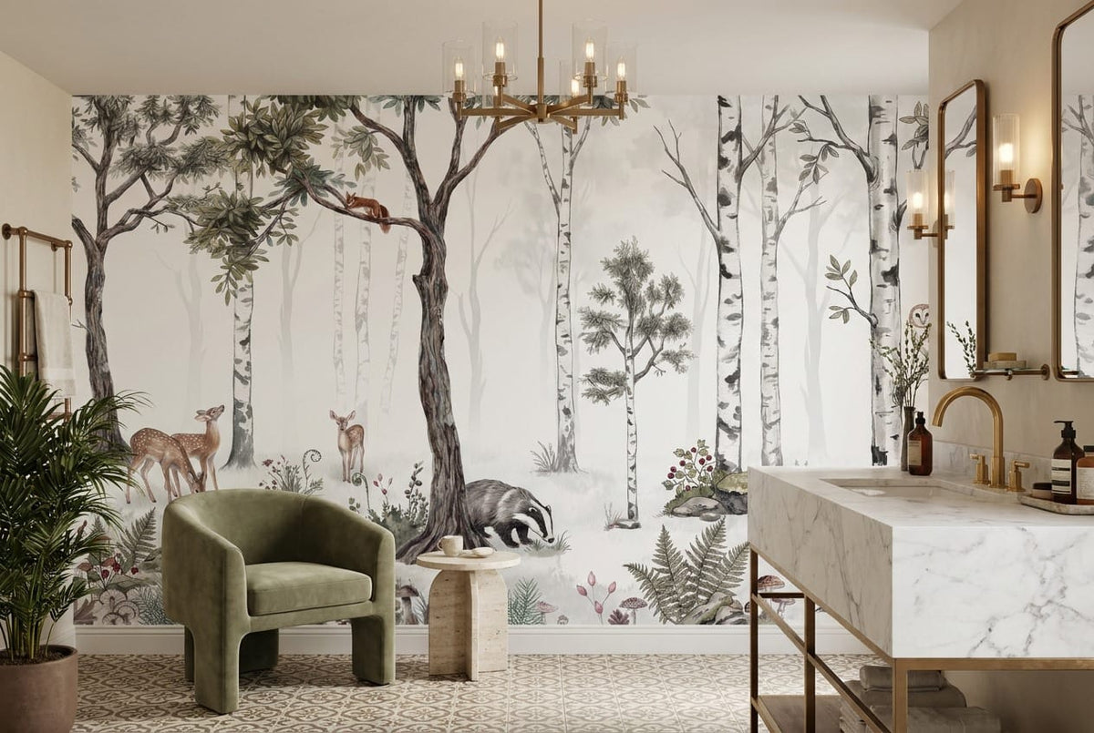 Natural Tan Watercolor Nordic Birch Forest Wallpaper Mural in bathroom