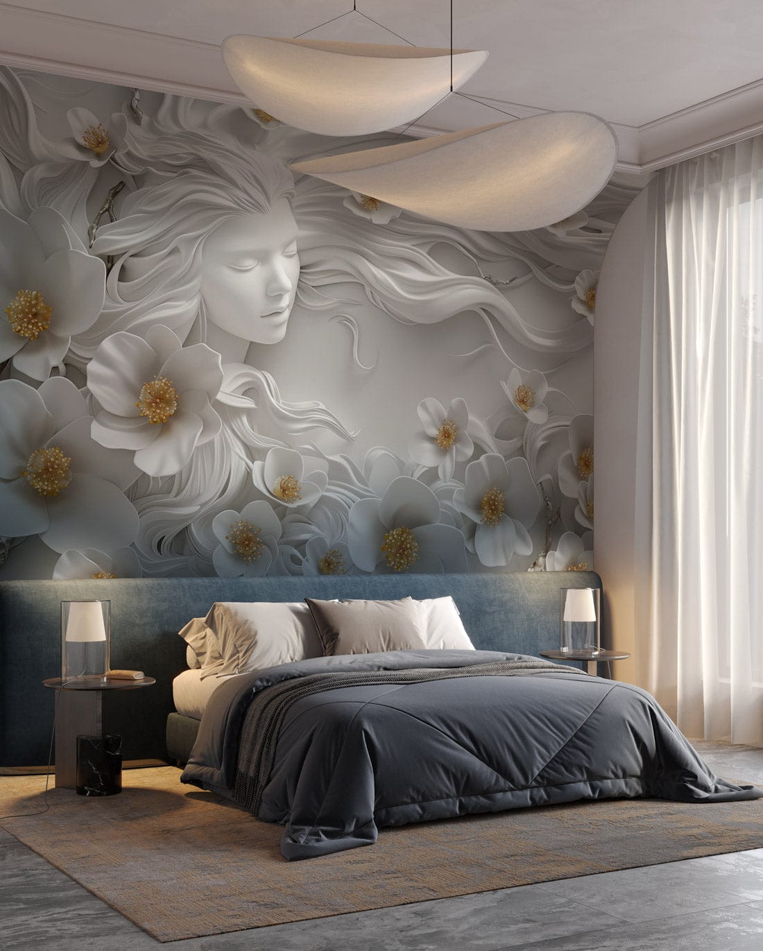 Elegant Floral Mural Wallpaper in bedroom with blue velvet bed, grey bedding, modern lighting, and rug.