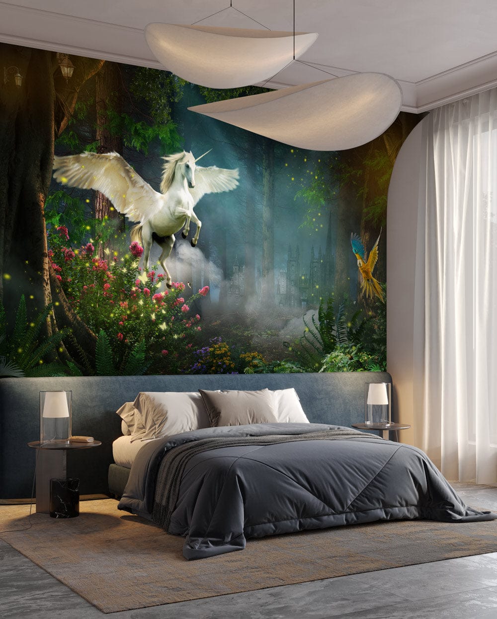 Magical Unicorn Enchanted Forest Mural in modern bedroom, grey bed, carpet, contemporary lighting fixtures.