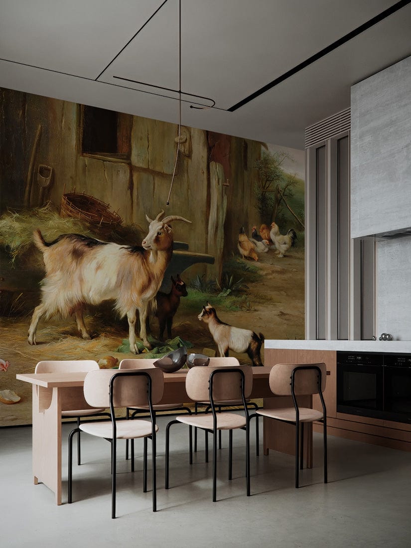 Rustic farmyard wallpaper with goats; modern kitchen, light wood furniture, concrete flooring, minimalist decor.