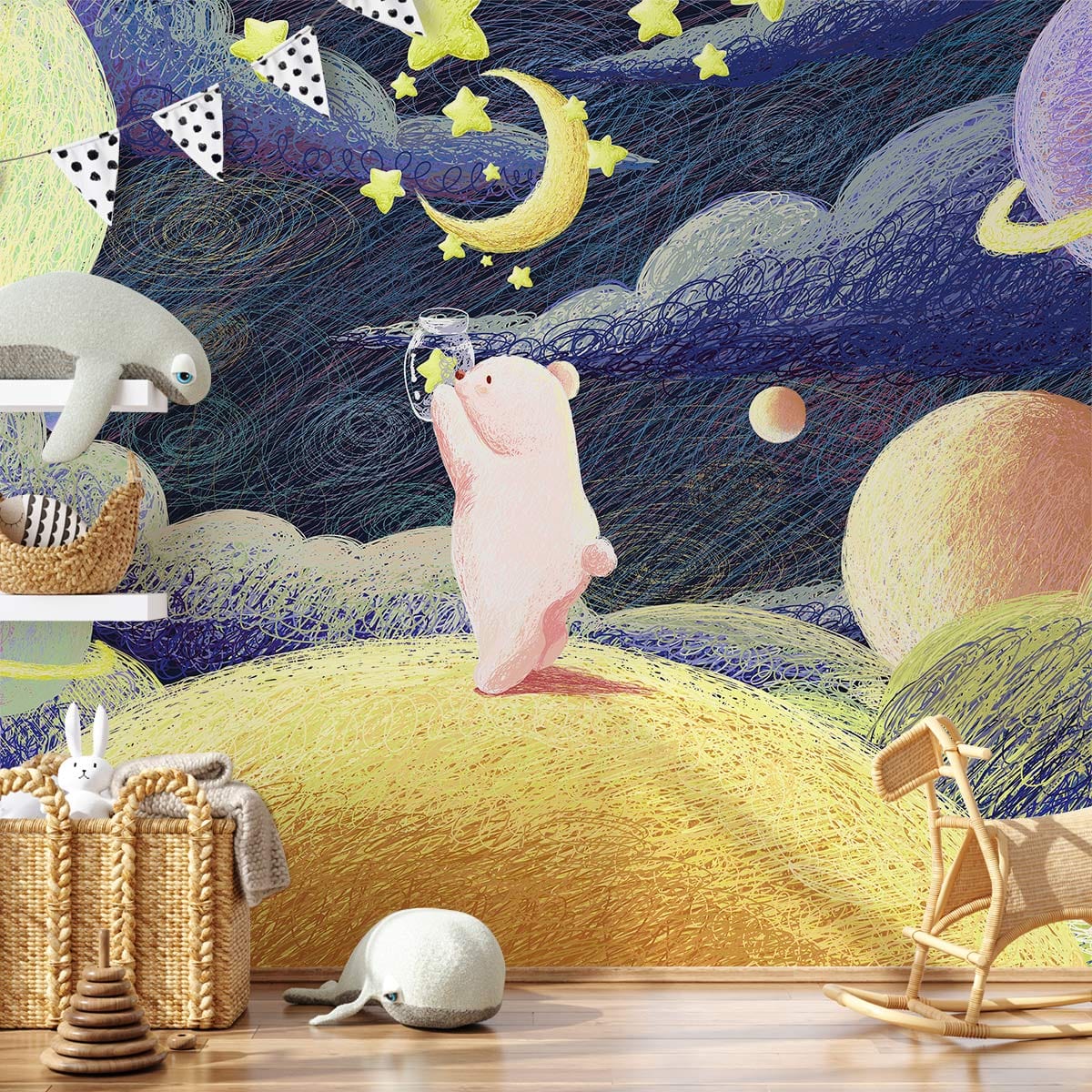 Whimsical Pastel Space Bear Mural Wallpaper in children's room with playful decor and wooden flooring.
