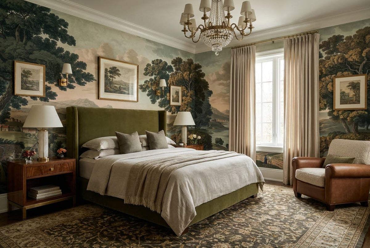 Vintage Watermill Bay Lake Scenic Wallpaper Mural in bed