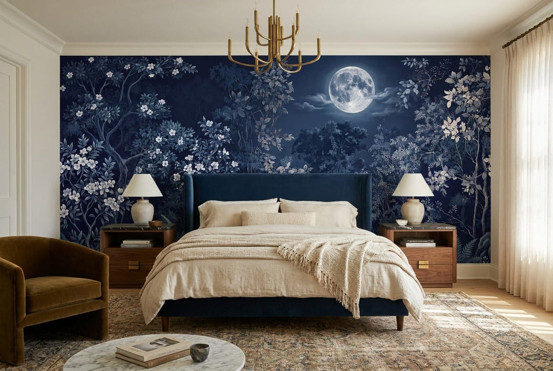 Glowing Ink Dark Nordic Night Forest Wallpaper Mural in bed