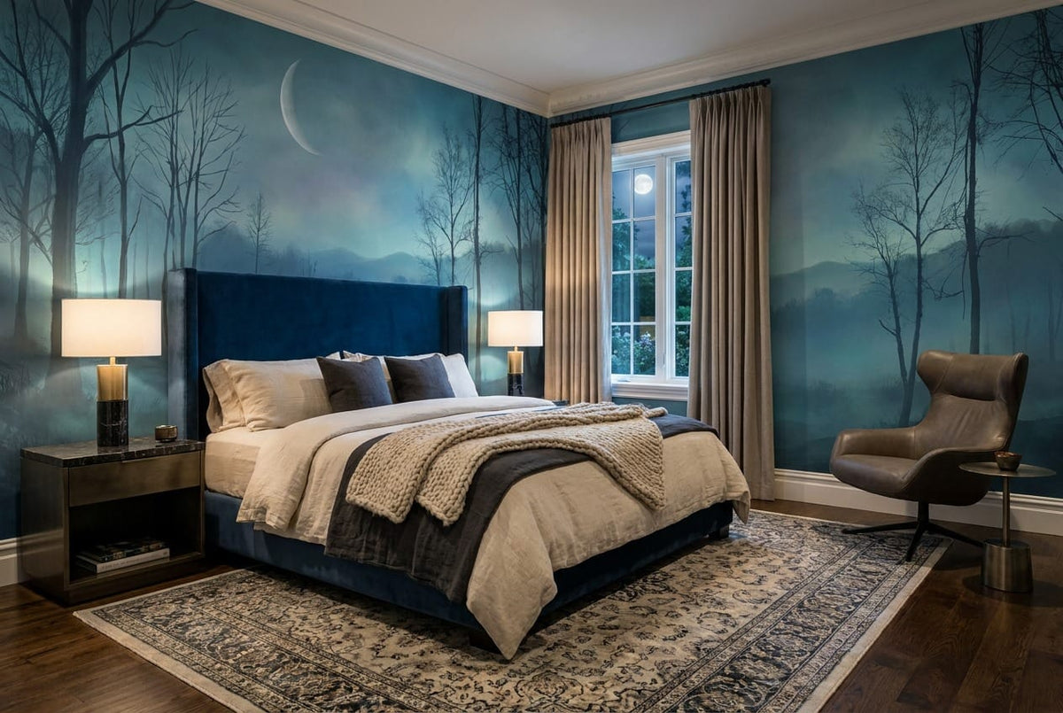 Deep Sky Mysterious Nordic Night Forest Wallpaper Mural in bed