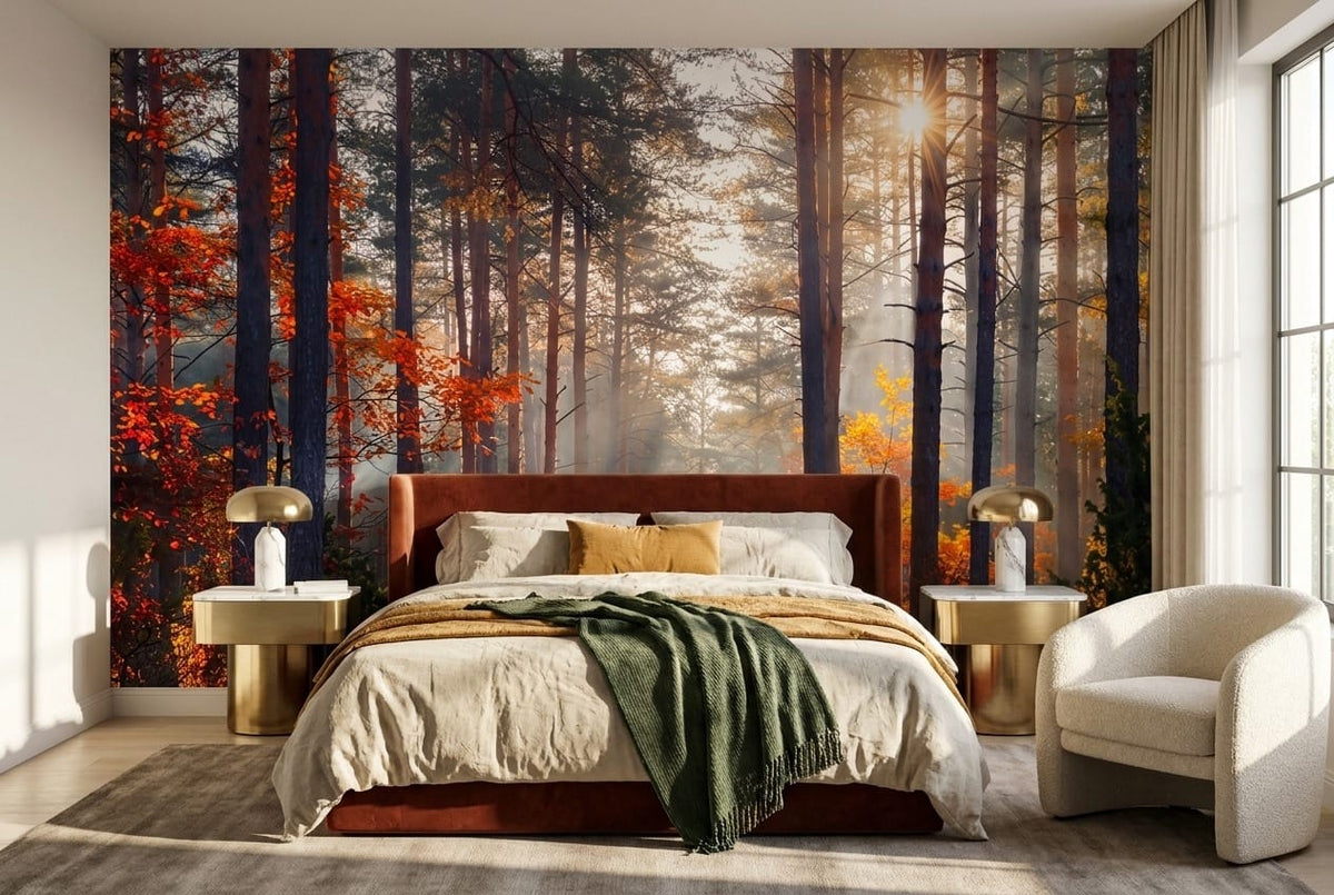 Sunbeam Pine Autumn Forest Path Wallpaper Mural in bedroom