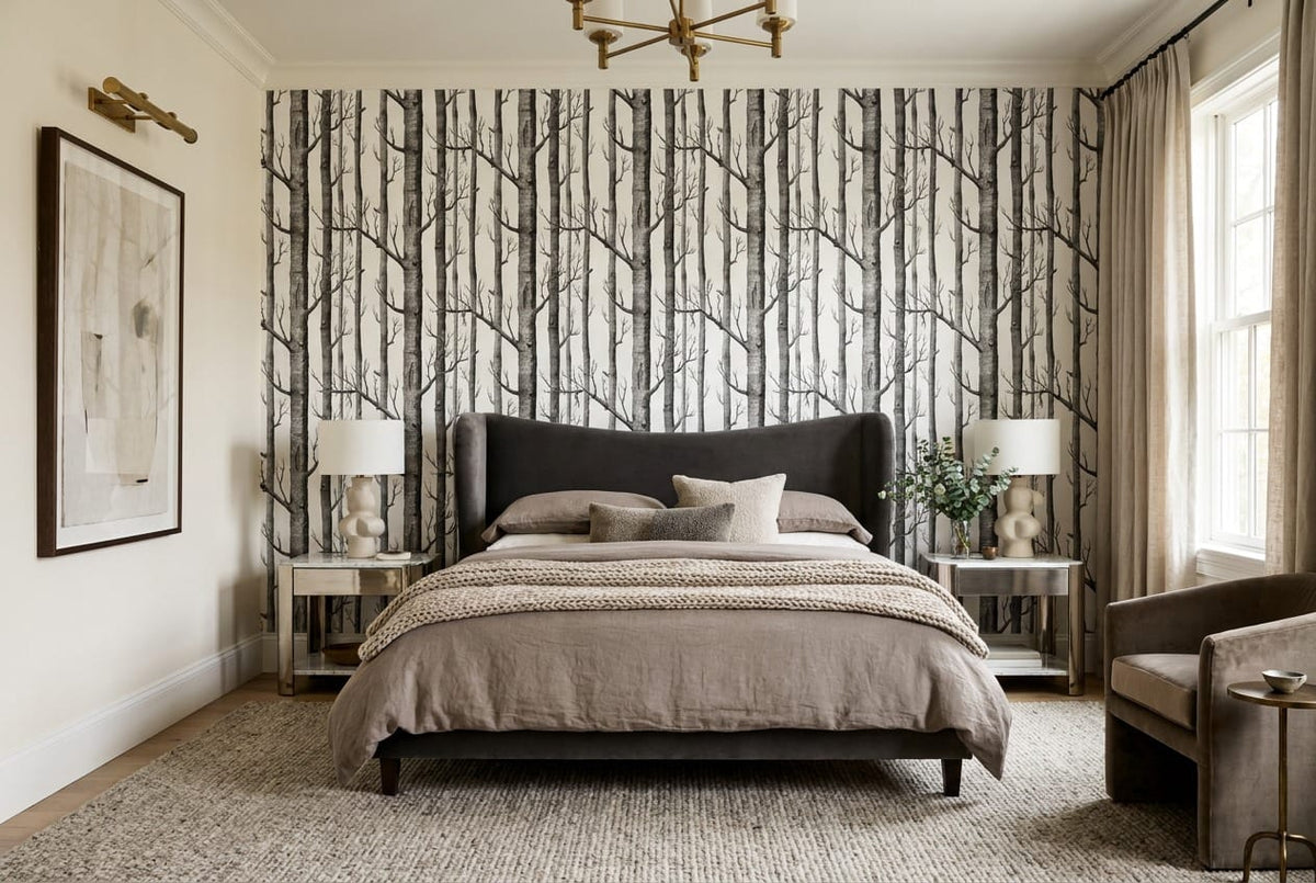 Light Gray Minimalist Nordic Birch Forest Wallpaper Mural in bedroom