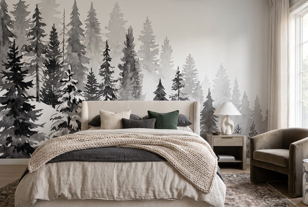 Dreamy Snow Gray Nordic Pine Winter Forest Wallpaper Mural in bedroom