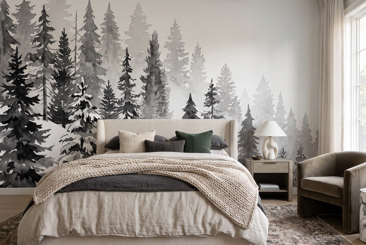 Dreamy Snow Gray Nordic Pine Winter Forest Wallpaper Mural in bedroom