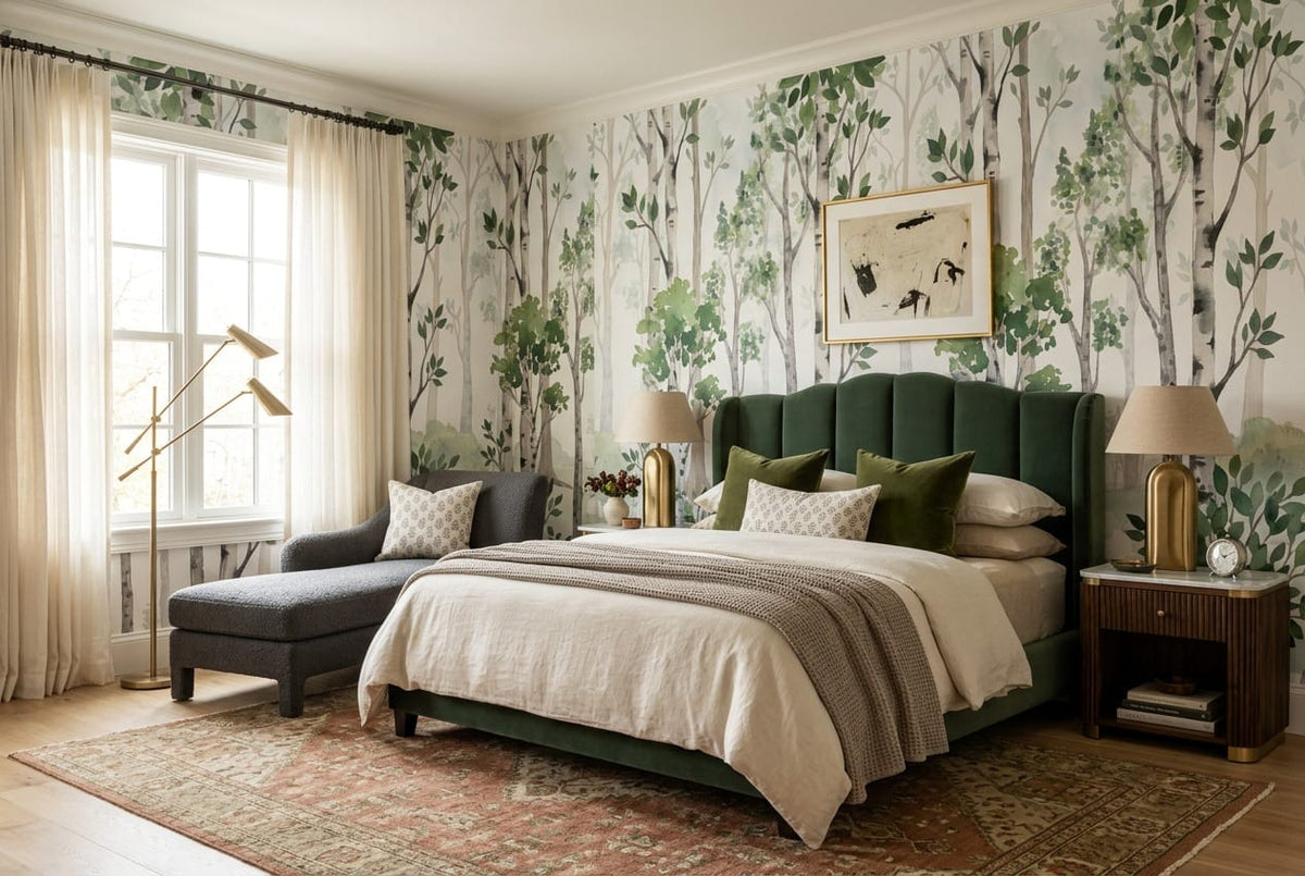 Soft Green Scandinavian Birch Forest Wallpaper Mural in bedroom