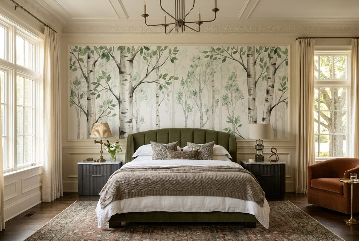 Soft Green Rustic Nordic Birch Forest Wallpaper Mural in bedroom