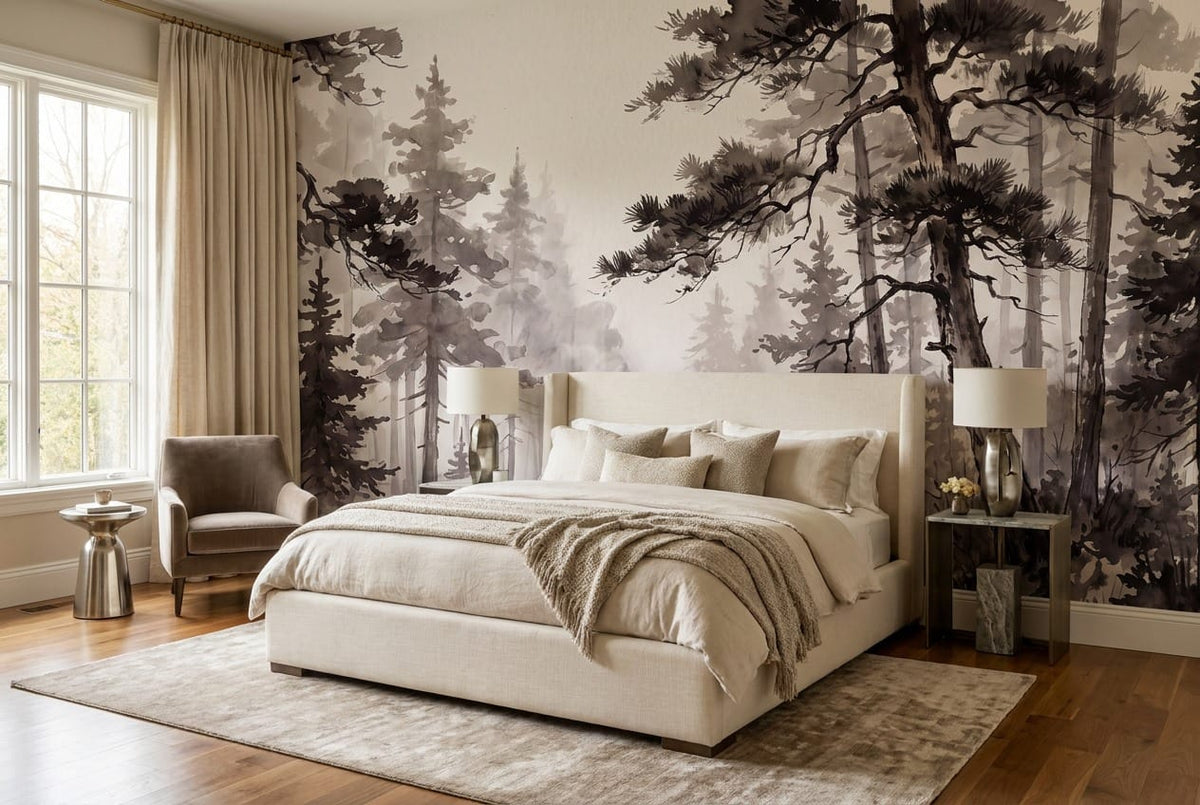 Warm Brown Ink Wash Japanese Pine Tree Wallpaper Mural in bedroom