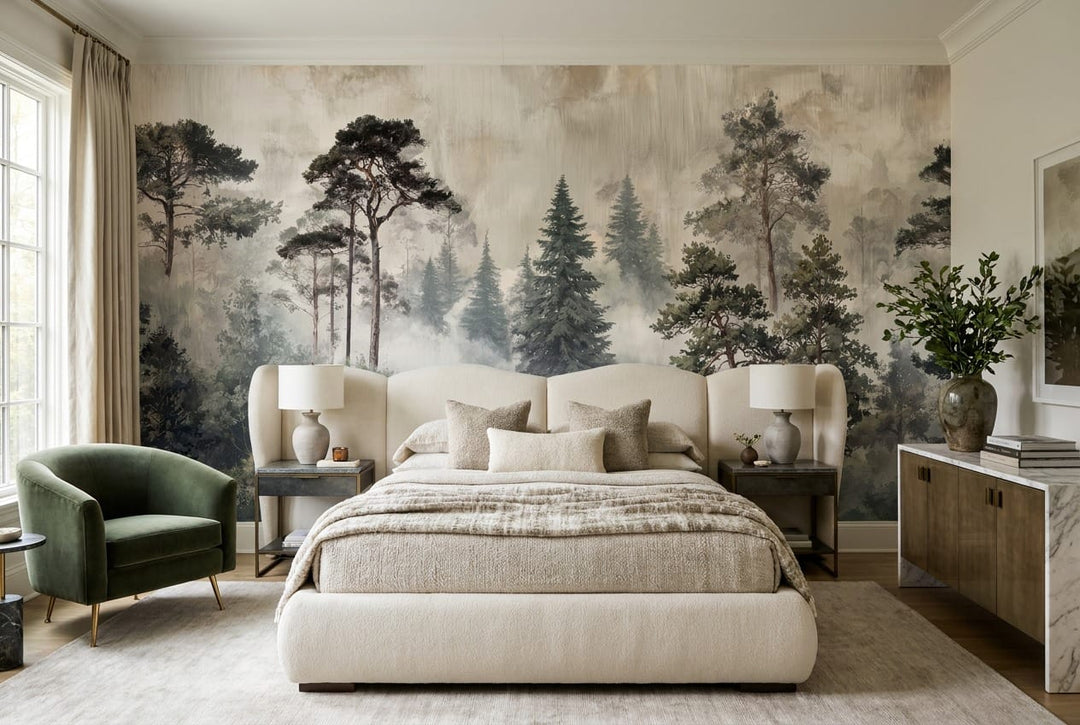 Misty gray pine tree wallpaper mural in a bedroom