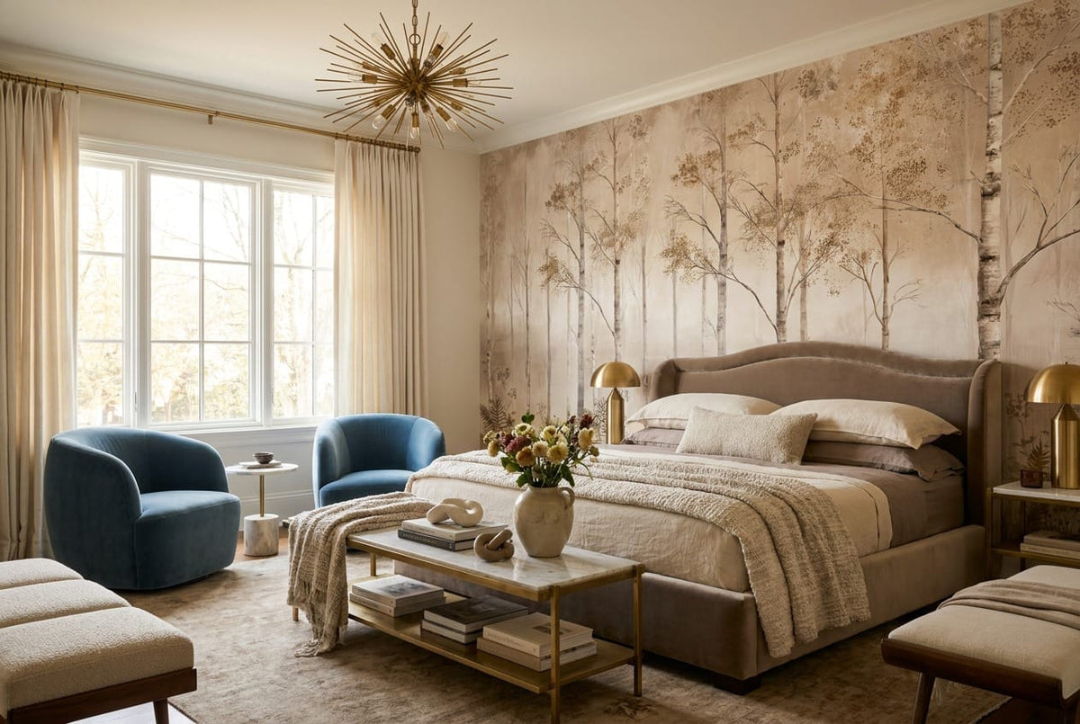 Neutral Tan Modern Nordic Birch Forest Wallpaper Mural in bedroom