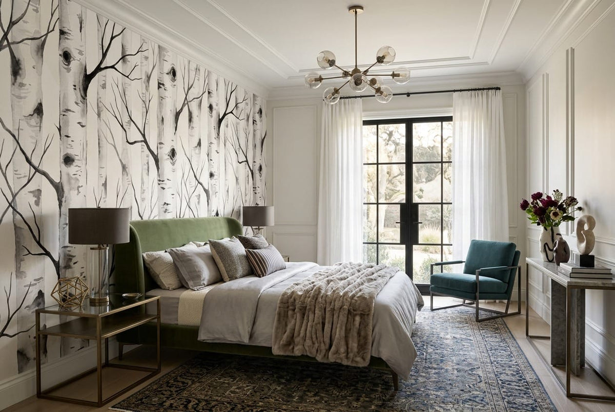 Serene White Organic Nordic Birch Forest Wallpaper Mural in bedroom