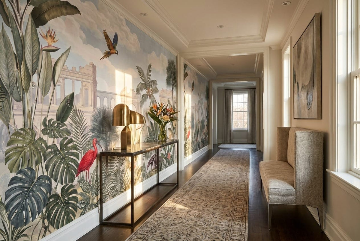 Ancient Ruins Bird Tropical Jungle Wallpaper Mural in beige