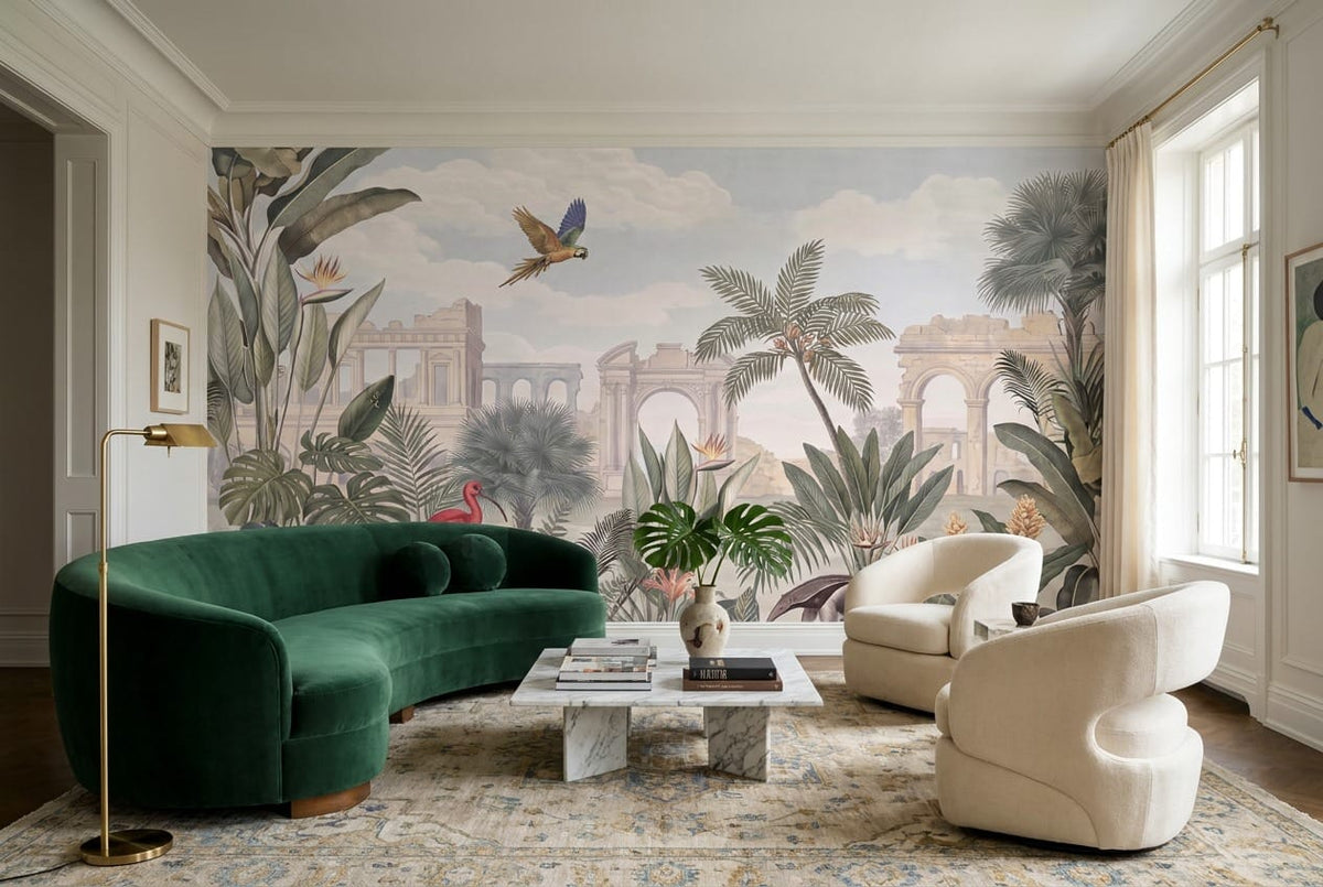 Ancient Ruins Bird Tropical Jungle Wallpaper Mural in beige