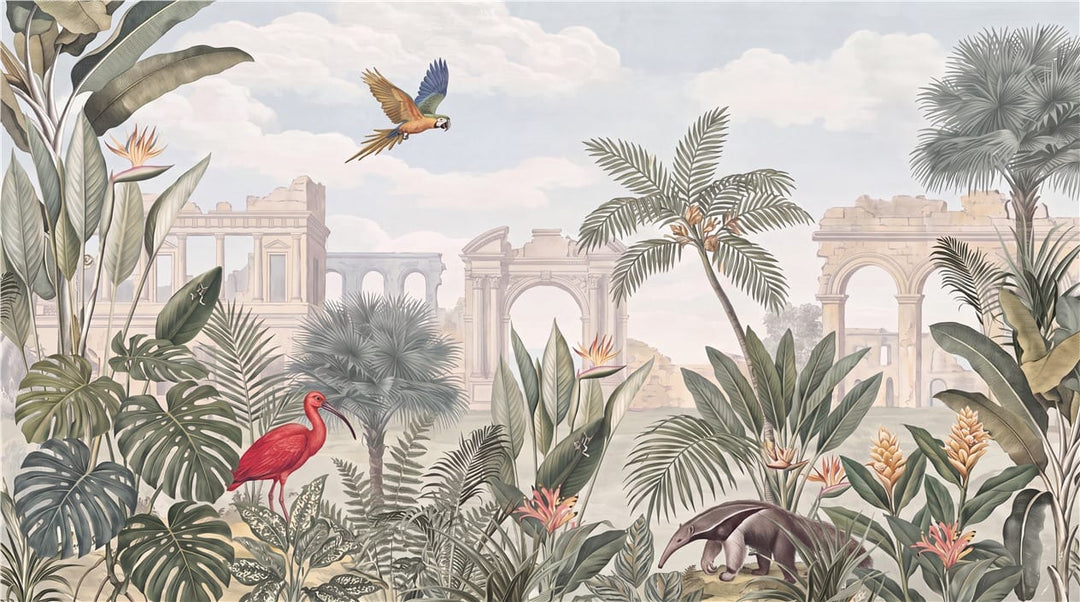 Ancient Ruins Bird Tropical Jungle Wallpaper Mural in beige