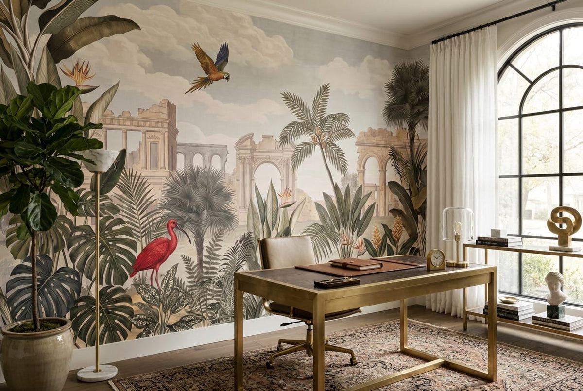 Ancient Ruins Bird Tropical Jungle Wallpaper Mural in beige