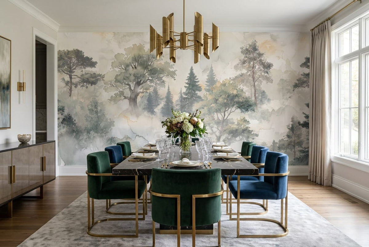 Soft Beige Watercolor Nordic Misty Forest Wallpaper Mural scene image