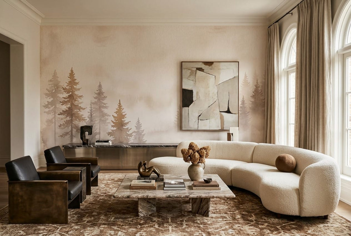 Warm Beige Watercolor Nordic Misty Forest Wallpaper Mural scene image