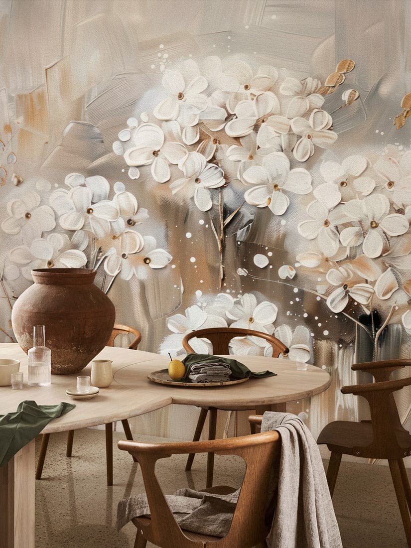 Elegant Floral Wonder mural wallpaper with taupe tones, wooden furniture, round table in cosy dining area.