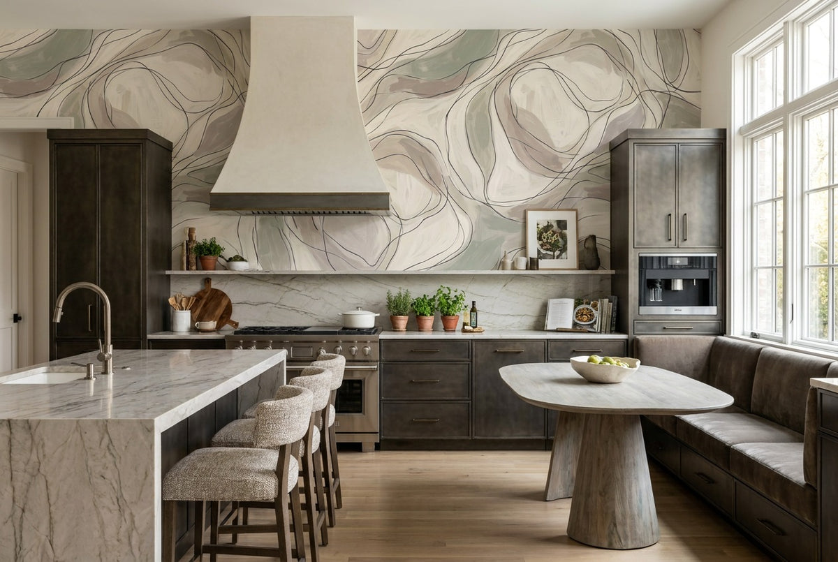 beige line art kitchen custom peel and stick non woven vinyl removable wallpaper mural