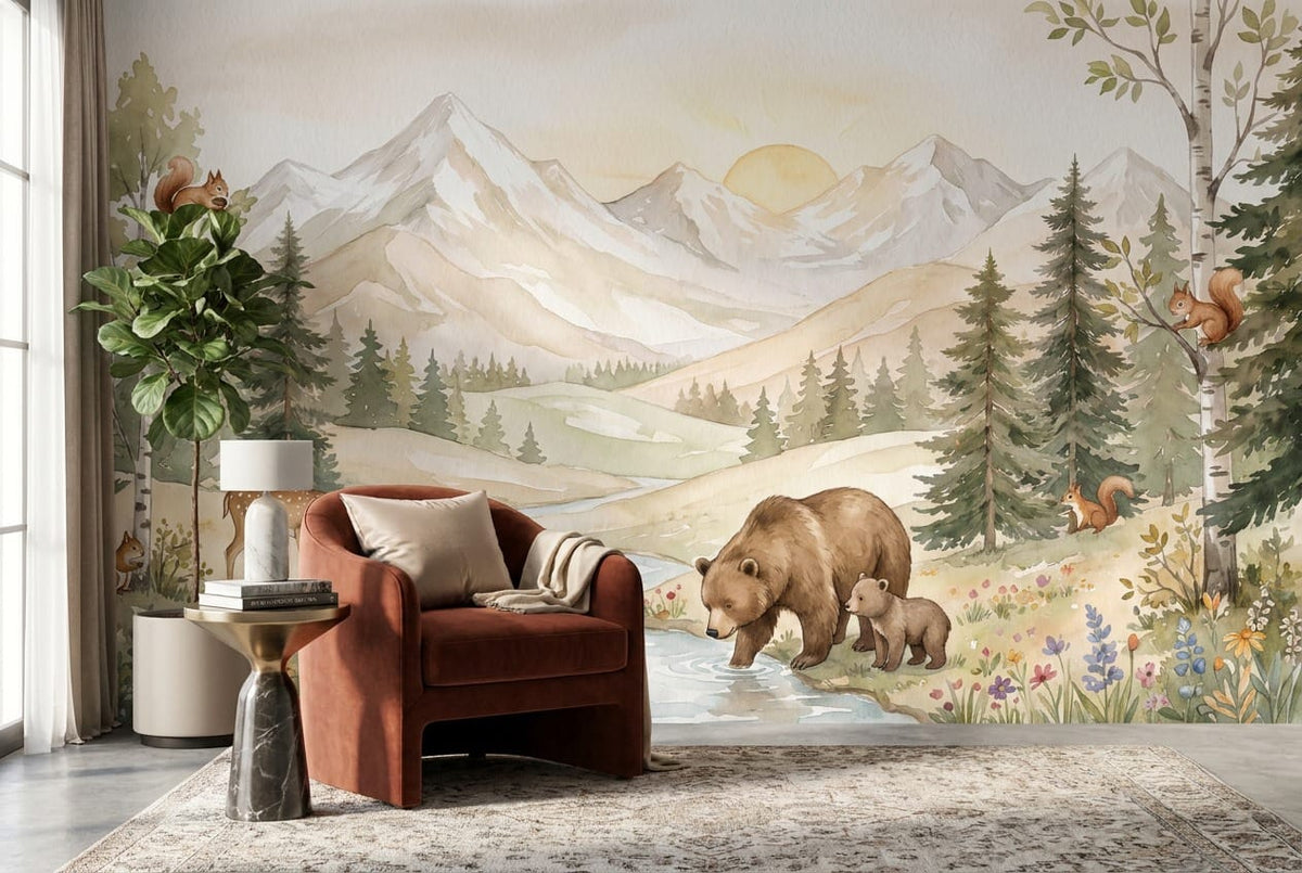 Woodland Animals Watercolor Nursery Wallpaper Mural